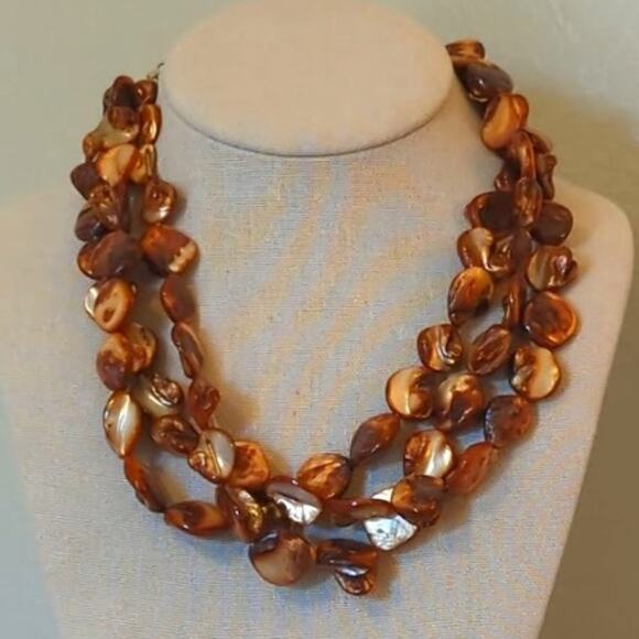 Triple Strand Amber Mother of Pearl Shell Necklace - Picture 1 of 8